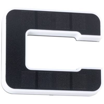 Un grand objet noir et blanc en forme de C avec un cadre solide, probablement un élément de design ou un symbole.