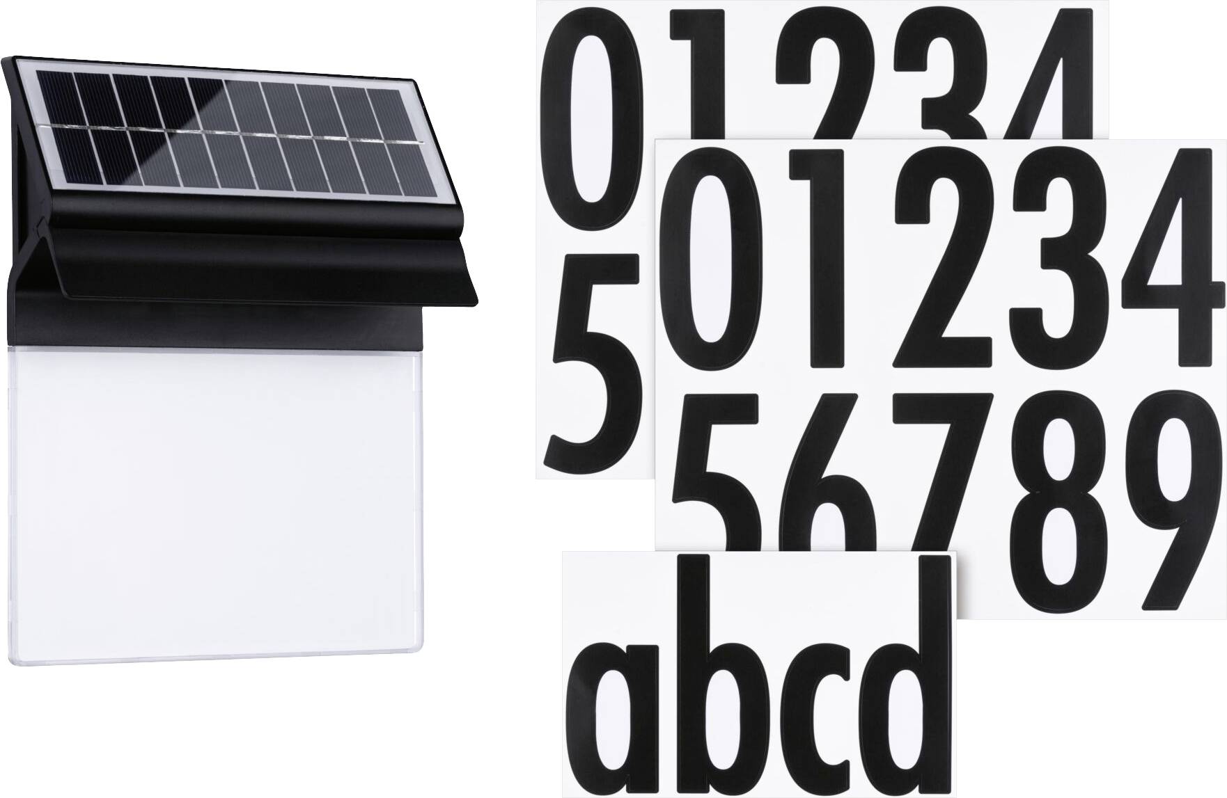 Lampe solaire pour numéros de maison avec chiffres et lettres interchangeables. Panneau lumineux en haut, surface blanche en dessous, numéros sur la droite.