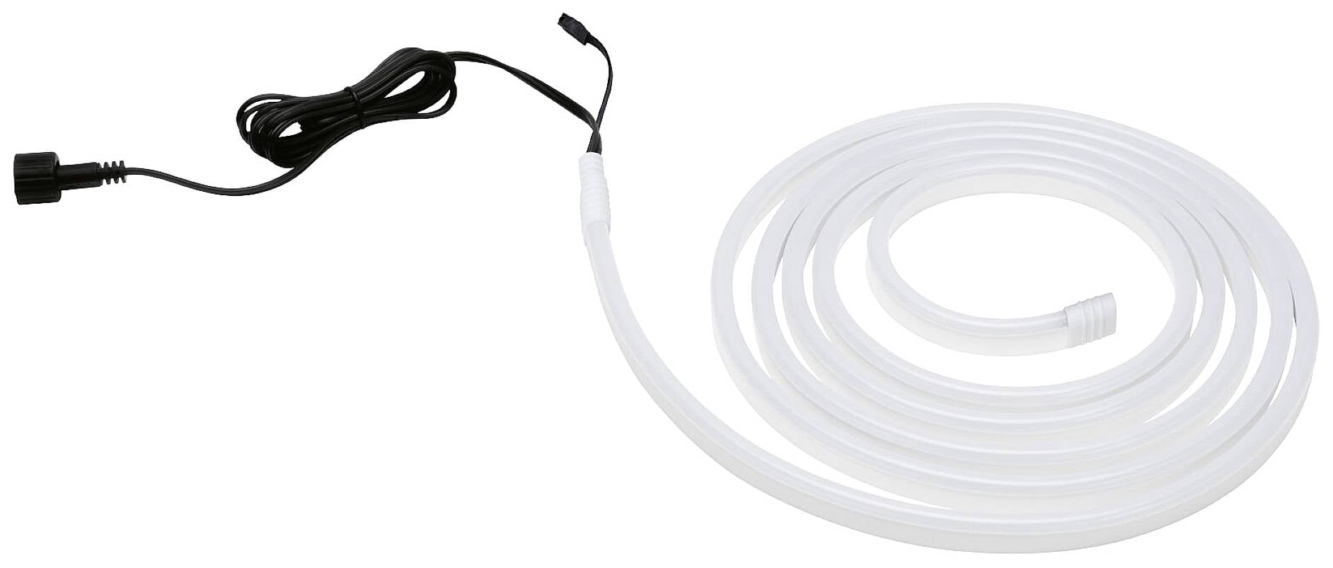 Une bande lumineuse LED blanche avec un connecteur de câble noir, déroulée sur une surface.