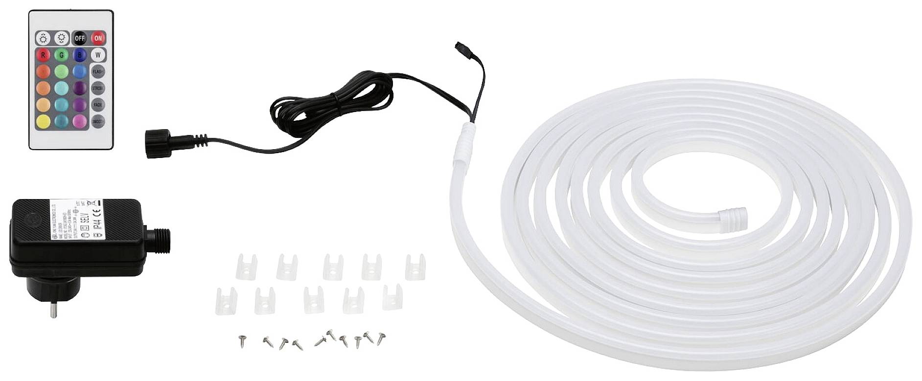 Kit de bande lumineuse LED avec télécommande, adaptateur secteur et supports. Comprend une bande LED blanche pour un éclairage décoratif.