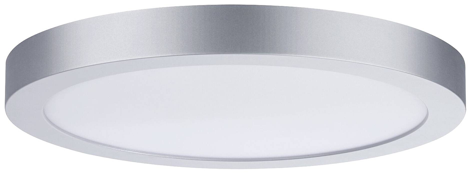 Plafonnier rond avec cadre argenté et diffuseur blanc pour une répartition uniforme de la lumière.