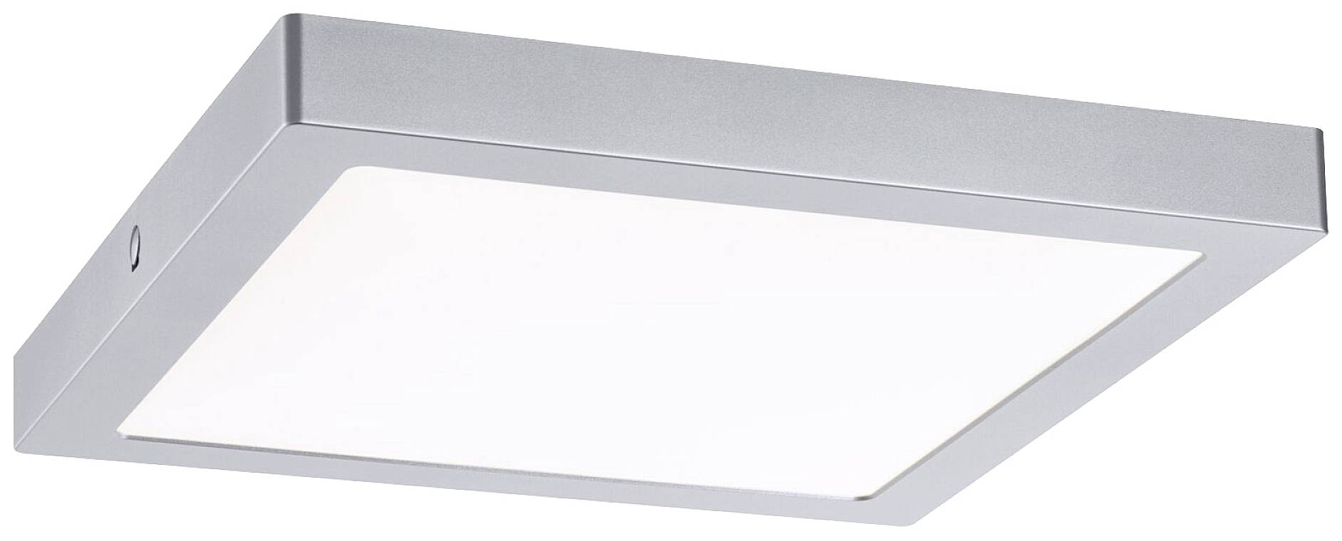 Un plafonnier LED carré et plat avec un cadre argenté et un diffuseur blanc, idéal pour les intérieurs modernes.