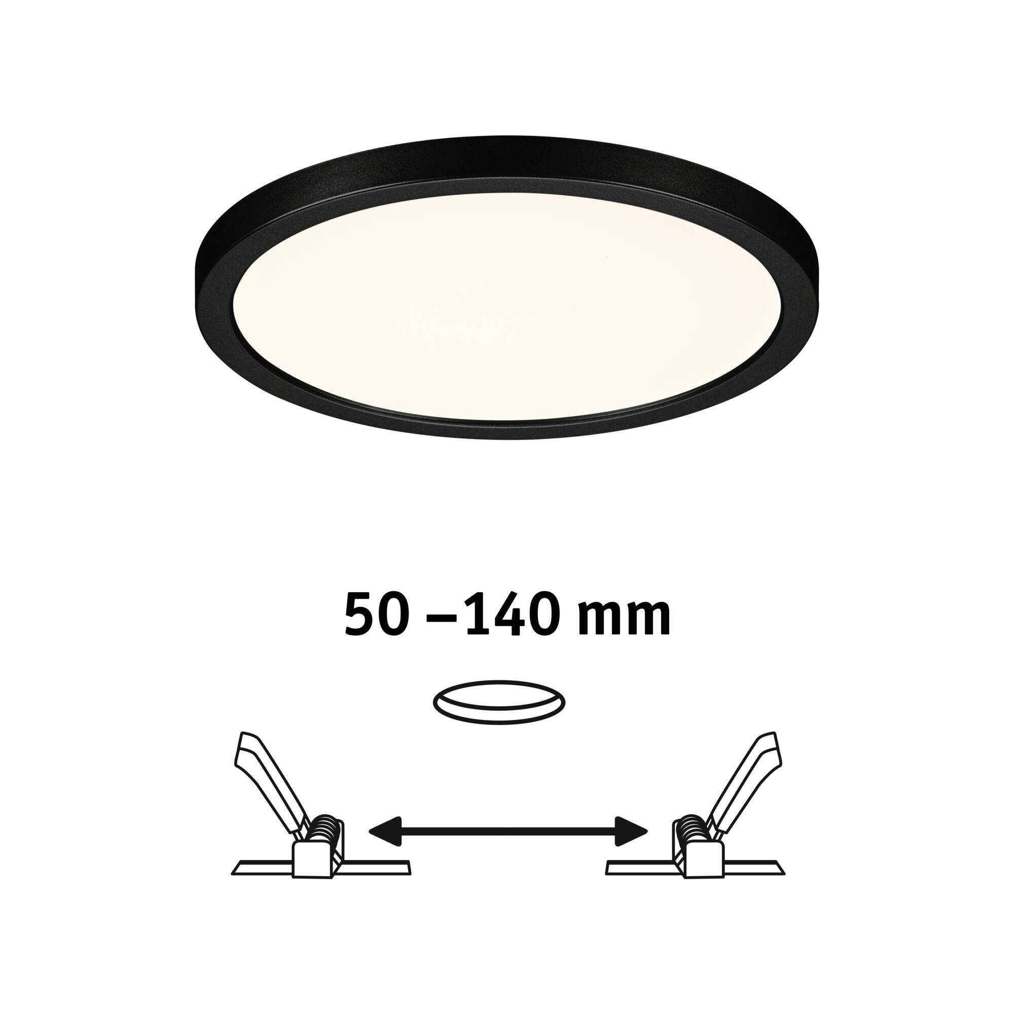 Illustration d'un plafonnier LED rond avec cadre noir. En dessous, un guide de montage montrant une distance réglable de 50 à 140 mm.