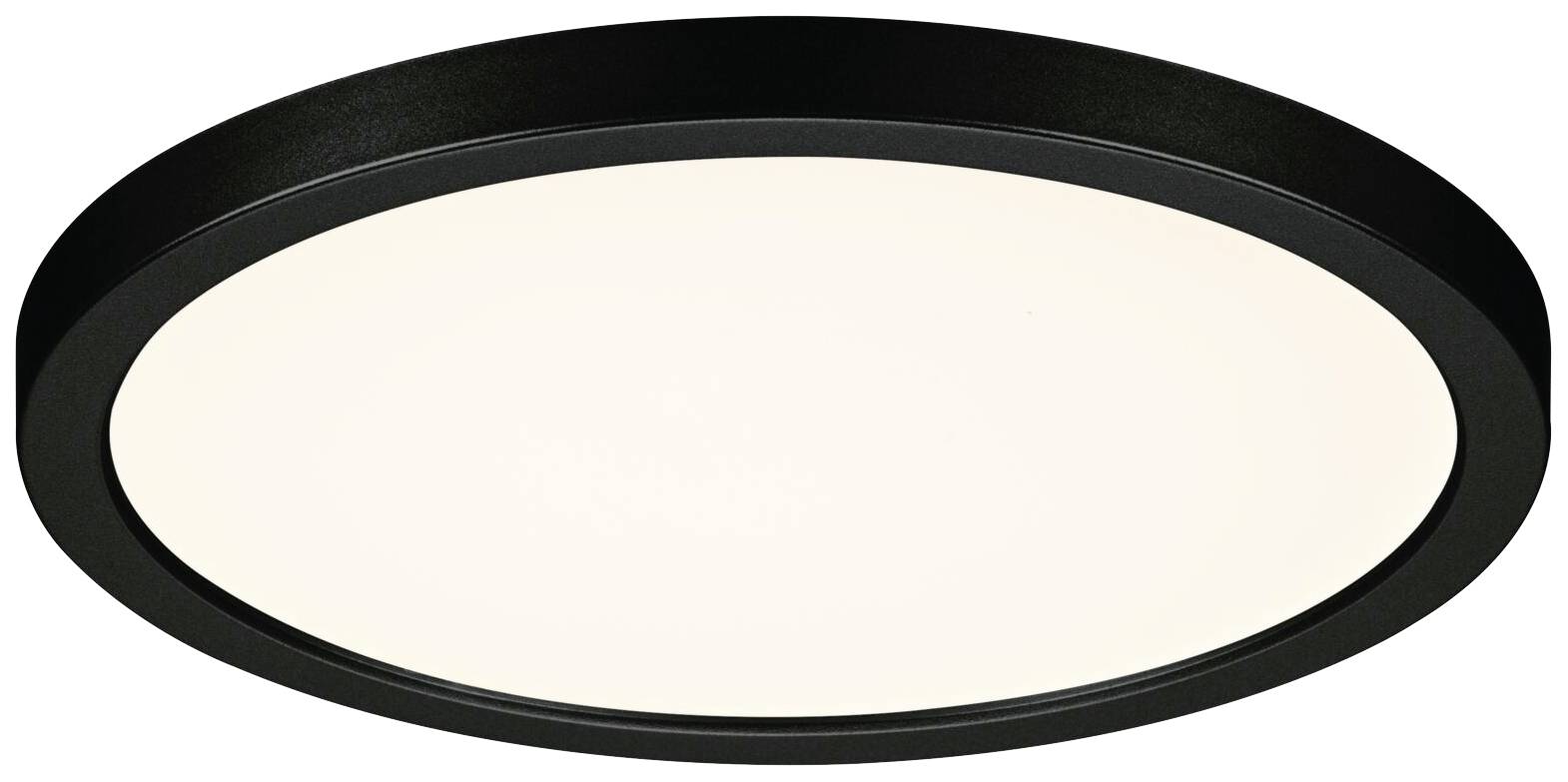 Luminaire de plafond rond noir avec surface lumineuse blanche, émettant une lumière uniforme.