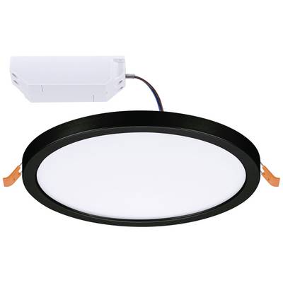 Plafonnier LED rond et plat de couleur noire avec surface lumineuse blanche, deux clips orange et gris, et un bloc d'alimentation externe situé au-dessus.