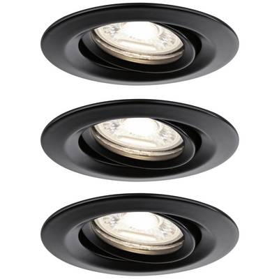 'Trois luminaires encastrés noirs dans un boîtier circulaire. Les lampes sont disposées de manière uniforme et éclairées.'