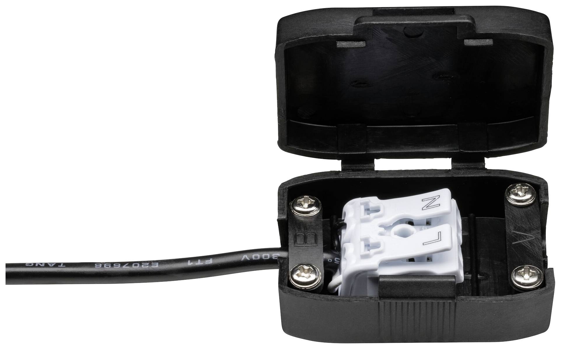 Pince de connexion de câble noire avec couvercle ouvert, montrant un composant blanc interne et des vis pour la fixation des câbles.