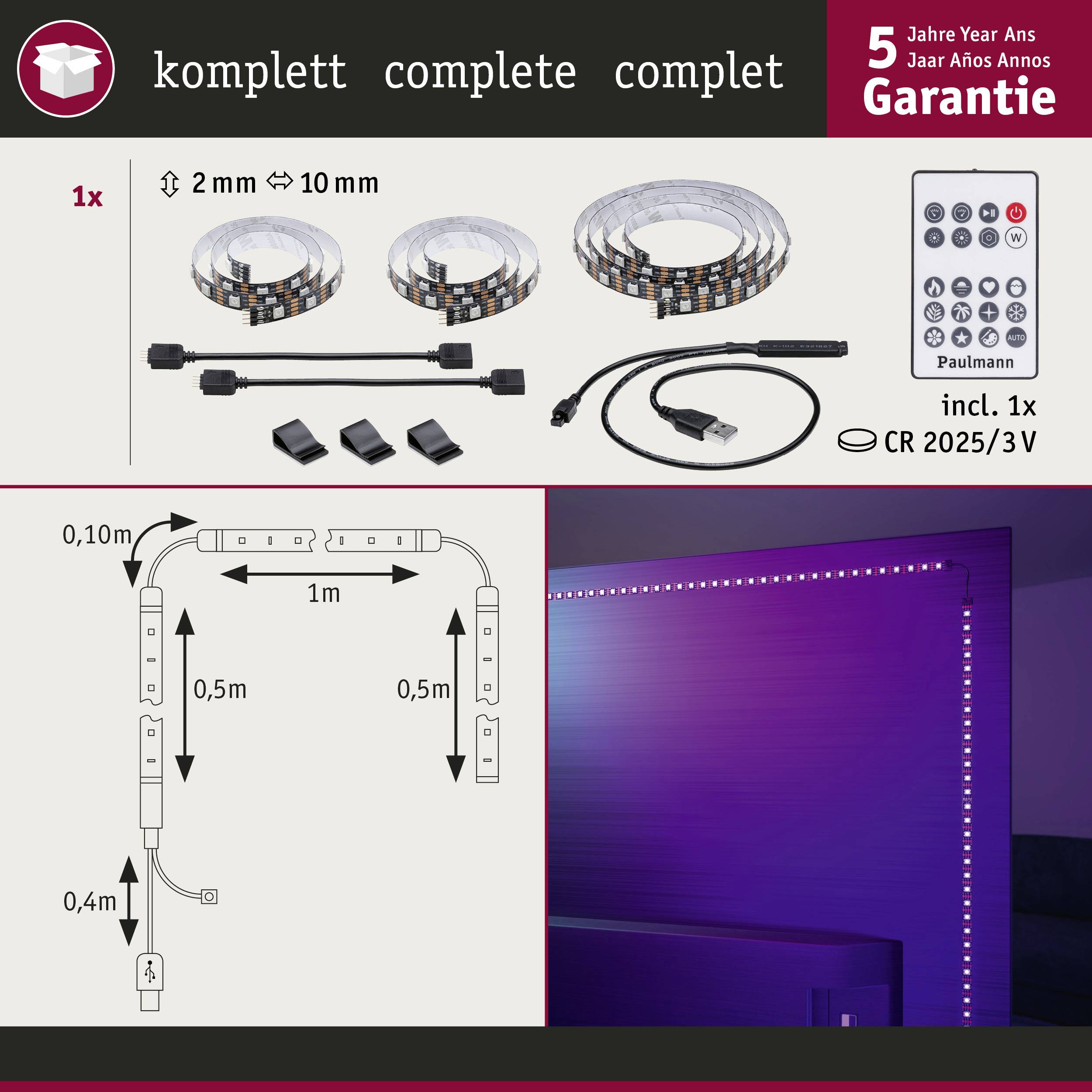 'Ensemble de bandes lumineuses LED avec télécommande et accessoires, adapté aux coins, longueur 10m. L'exemple d'application montre un éclairage mural.'