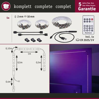 'Ensemble de bandes lumineuses LED avec télécommande et accessoires, adapté aux coins, longueur 10m. L'exemple d'application montre un éclairage mural.'