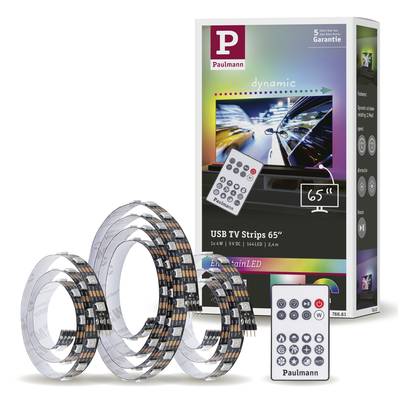 Emballage de bandes LED pour TV avec télécommande. Impression sur l'emballage : 'Bandes USB TV 65"'. Plusieurs bandes LED flexibles visibles.