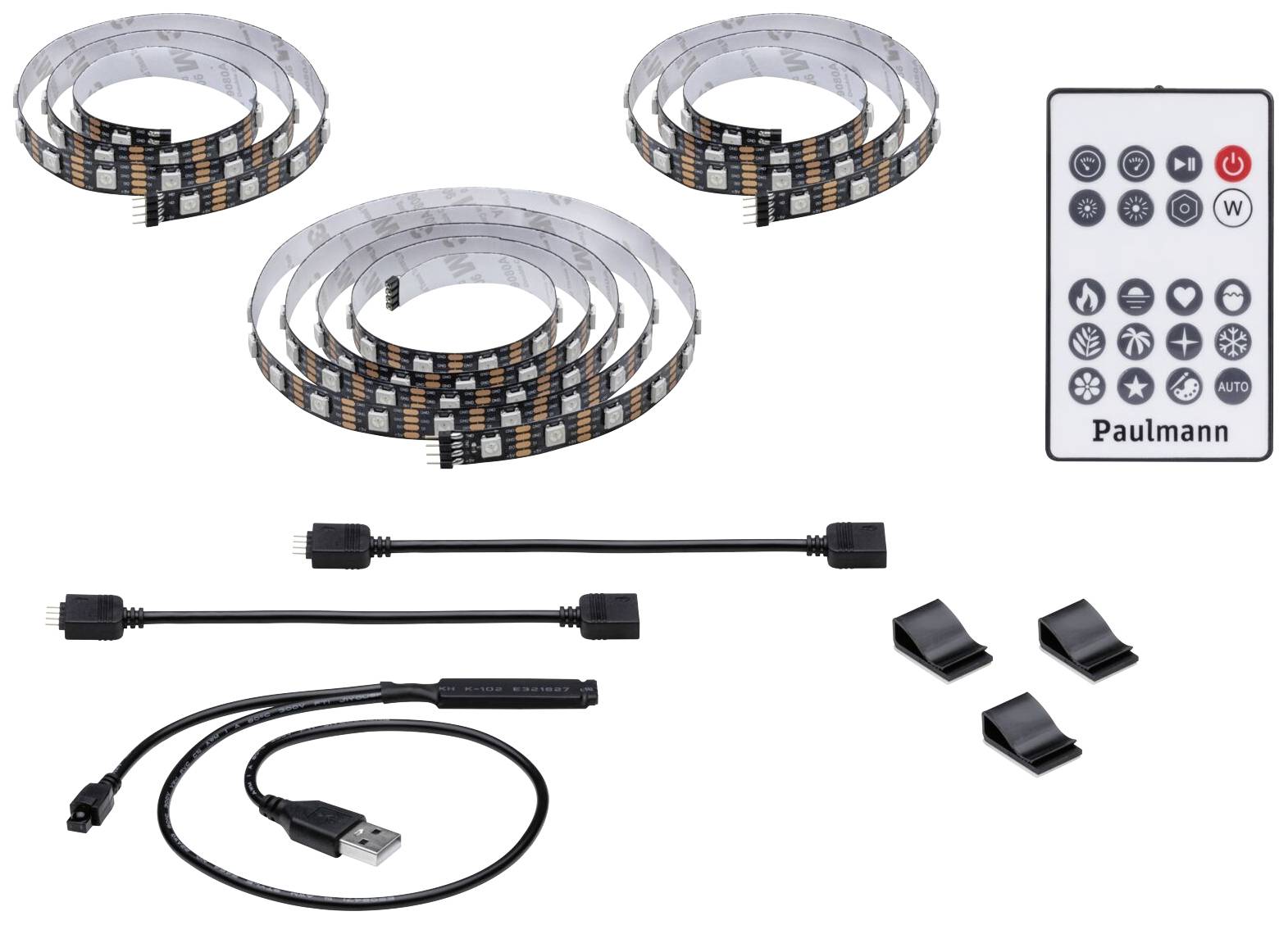 Ensemble de bandes lumineuses LED avec télécommande, câbles et clips de montage.