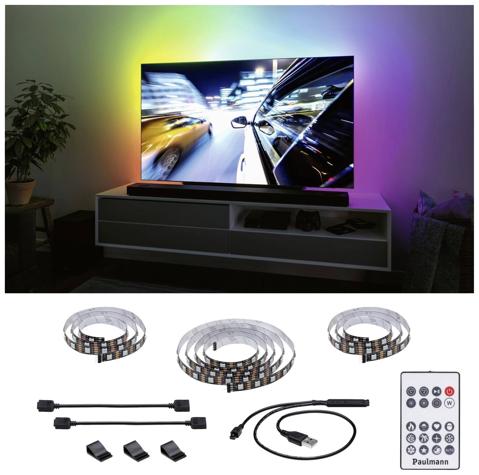 Bande lumineuse LED avec télécommande. Le kit est monté derrière un téléviseur et crée des effets lumineux colorés à l'arrière de l'écran.
