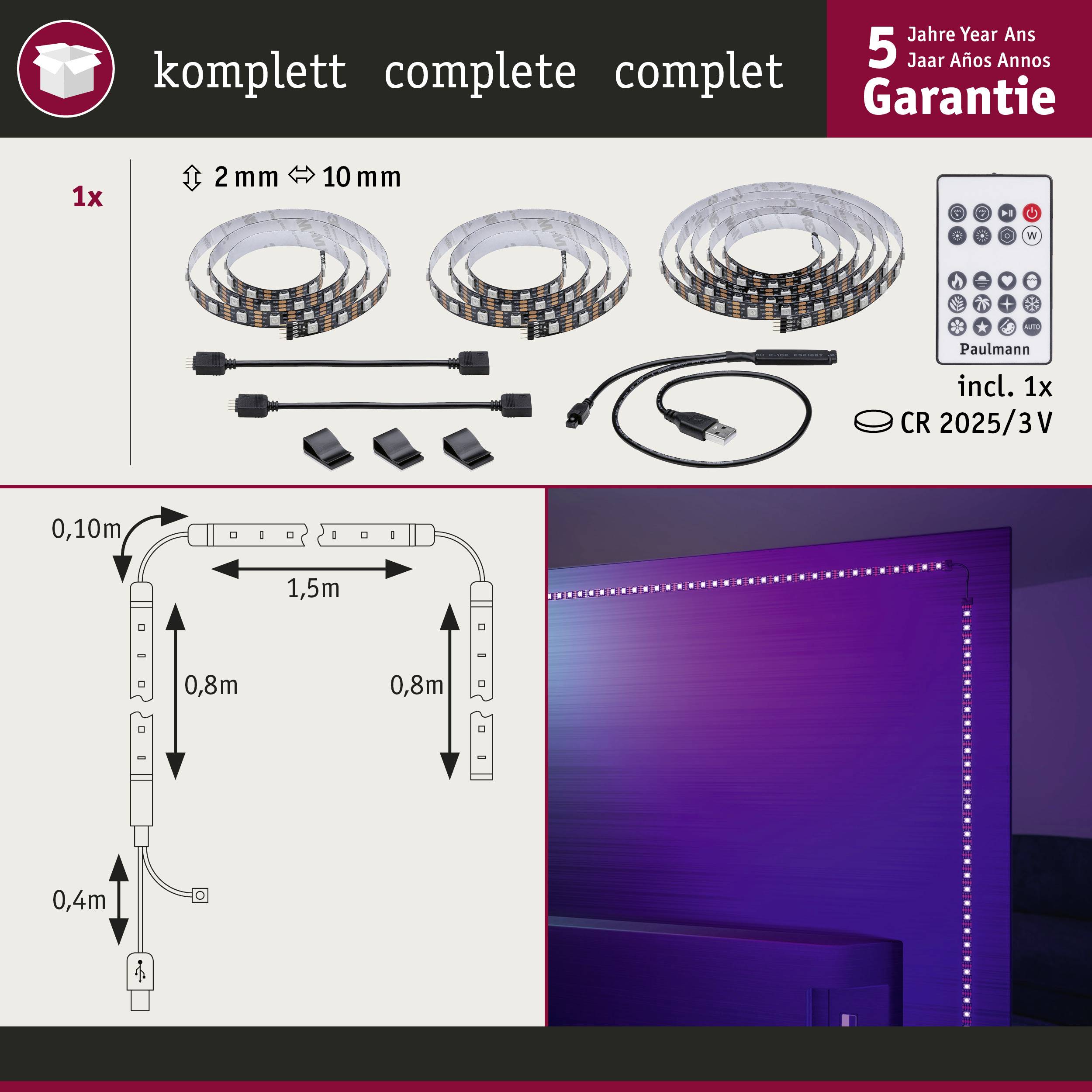 Kit de ruban LED avec télécommande et accessoires de montage mural. Les illustrations montrent l'installation et l'effet lumineux sur le mur.