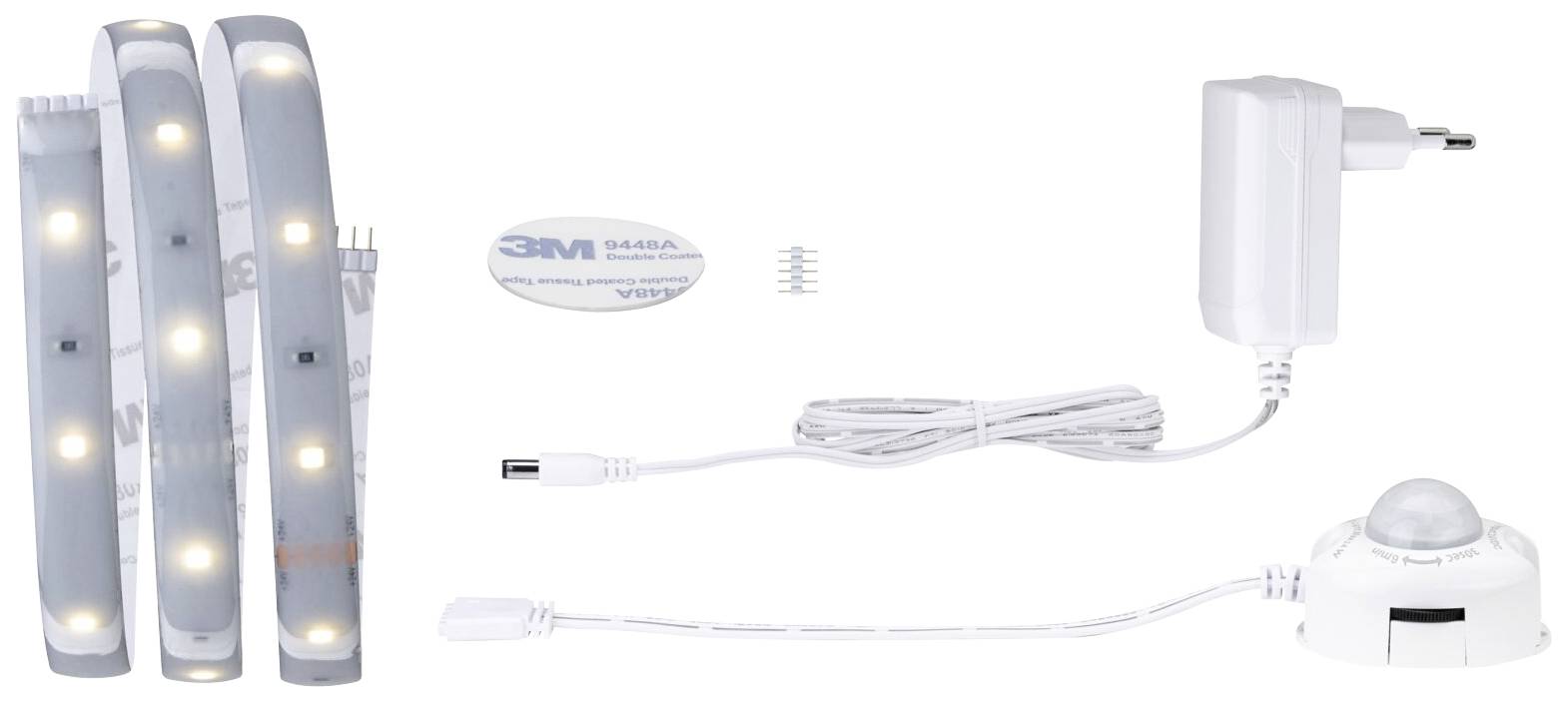 Ensemble de bandes lumineuses LED, composé de bandes flexibles avec des LED, d'un bloc d'alimentation, d'un câble de connexion et d'un détecteur de mouvement.