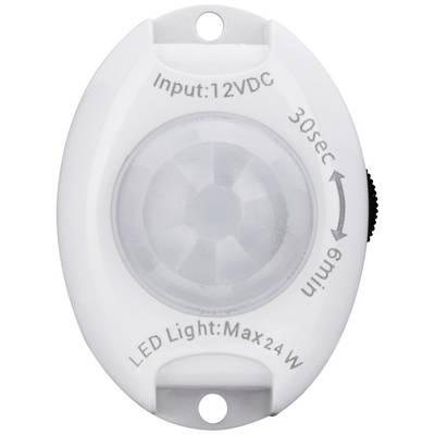 Un capteur LED blanc avec détection de mouvement, portant l'inscription 'Input: 12VDC', réglage temporel de 30 secondes à 6 minutes.