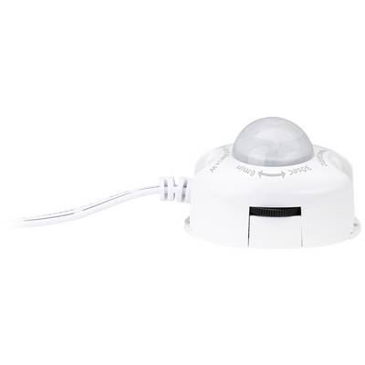 Un capteur de mouvement blanc avec un câble et une portée de détection de 360 degrés. Adapté pour les systèmes de sécurité ou d'éclairage.