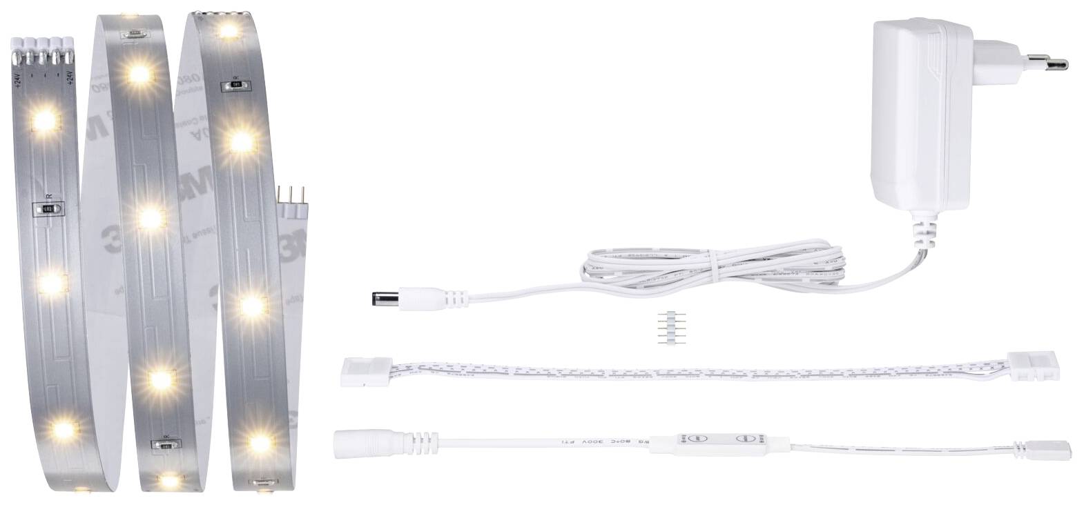 Kit de bande lumineuse LED avec bloc d'alimentation, câble et connecteur. Idéal pour l'éclairage ou la décoration.