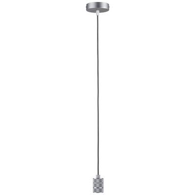 Un luminaire suspendu moderne en argent avec un abat-jour cylindrique élancé, suspendu par un long câble.