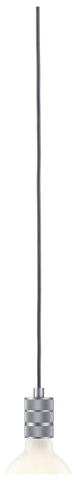Une suspension unique avec un câble noir et élancé, munie d'un abat-jour métallique projetant une lumière vers le bas.