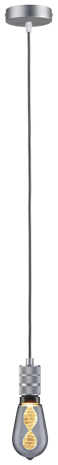 Une ampoule suspendue avec un support gris et un filament visible, pendante du plafond.