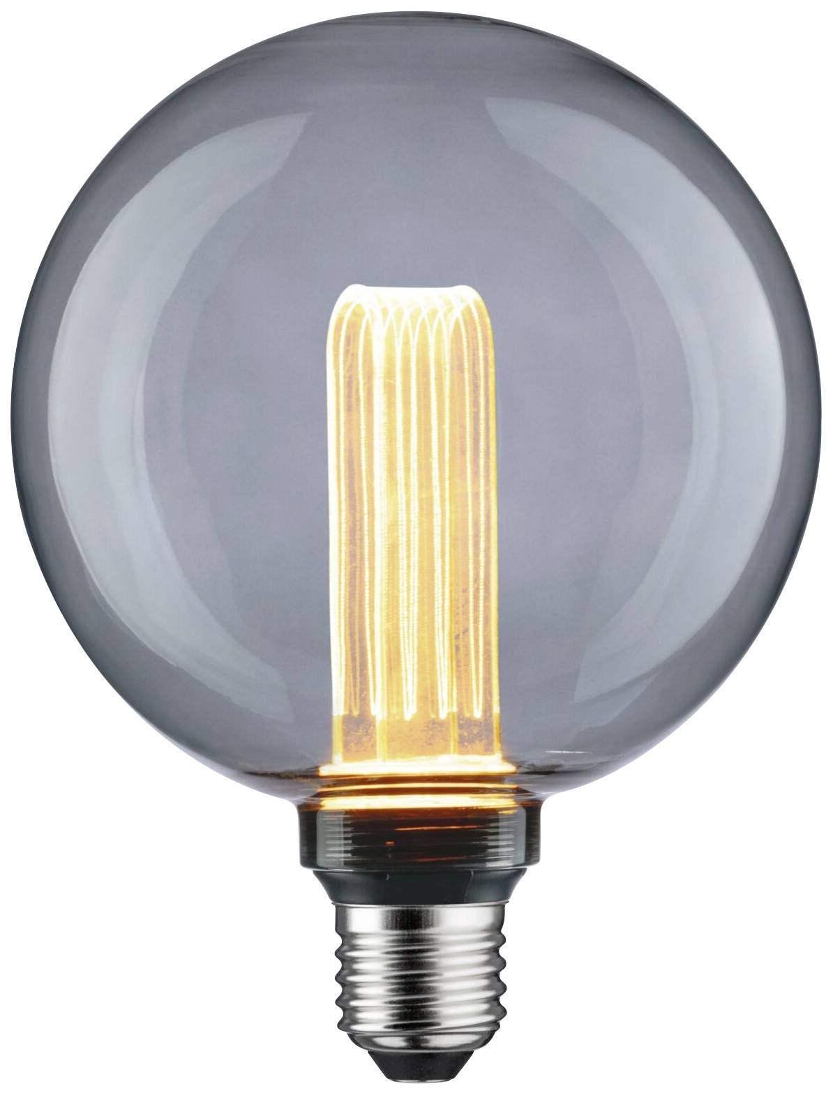 Une ampoule allumée avec un filament visible, conçue dans un design sphérique en verre transparent.