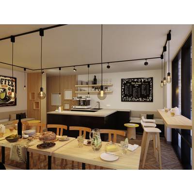 Intérieur chaleureux de café avec des meubles en bois, des lampes décoratives et des tables dressées. Un tableau sur le mur présente les offres du menu.