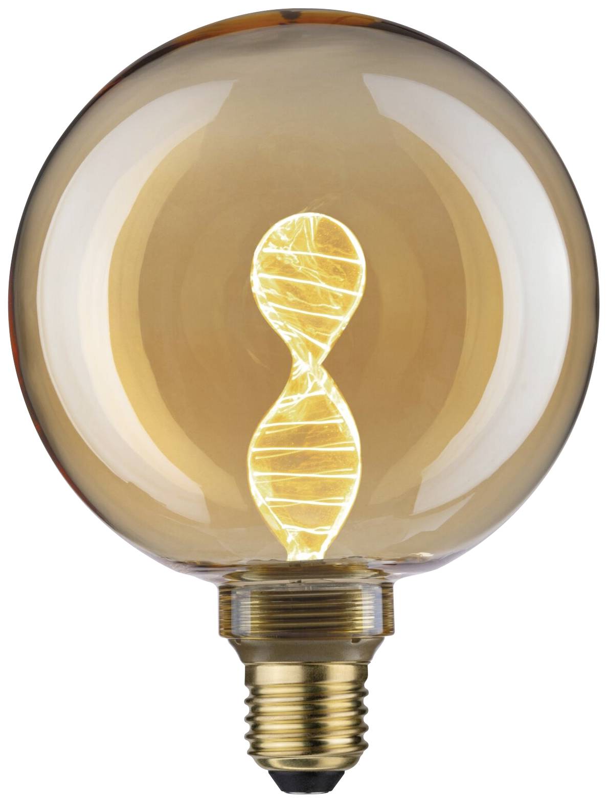 Ampoule à incandescence transparente avec un filament lumineux en spirale en forme de double hélice, émettant une lumière jaune chaleureuse.