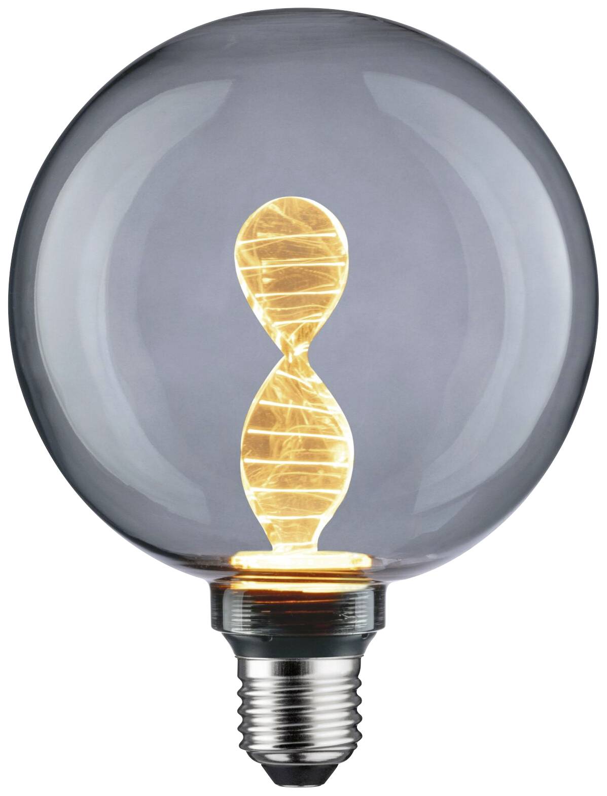 Ampoule à filament spiralé qui brille. Elle est dotée d'une enveloppe transparente, de forme sphérique, et est vissée dans une douille.