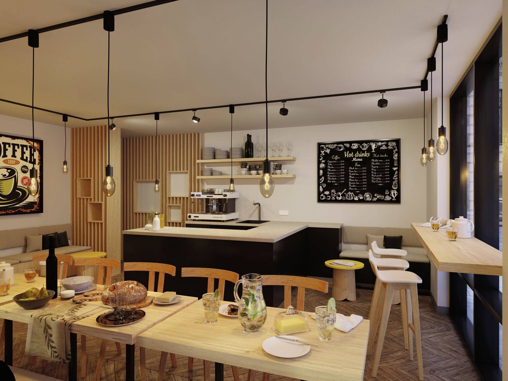 Café chaleureux avec des tables en bois, garnies d'articles de petit-déjeuner. Éclairage suspendu et chaleureux. En arrière-plan : tableau indiquant le 'Menu du jour'.