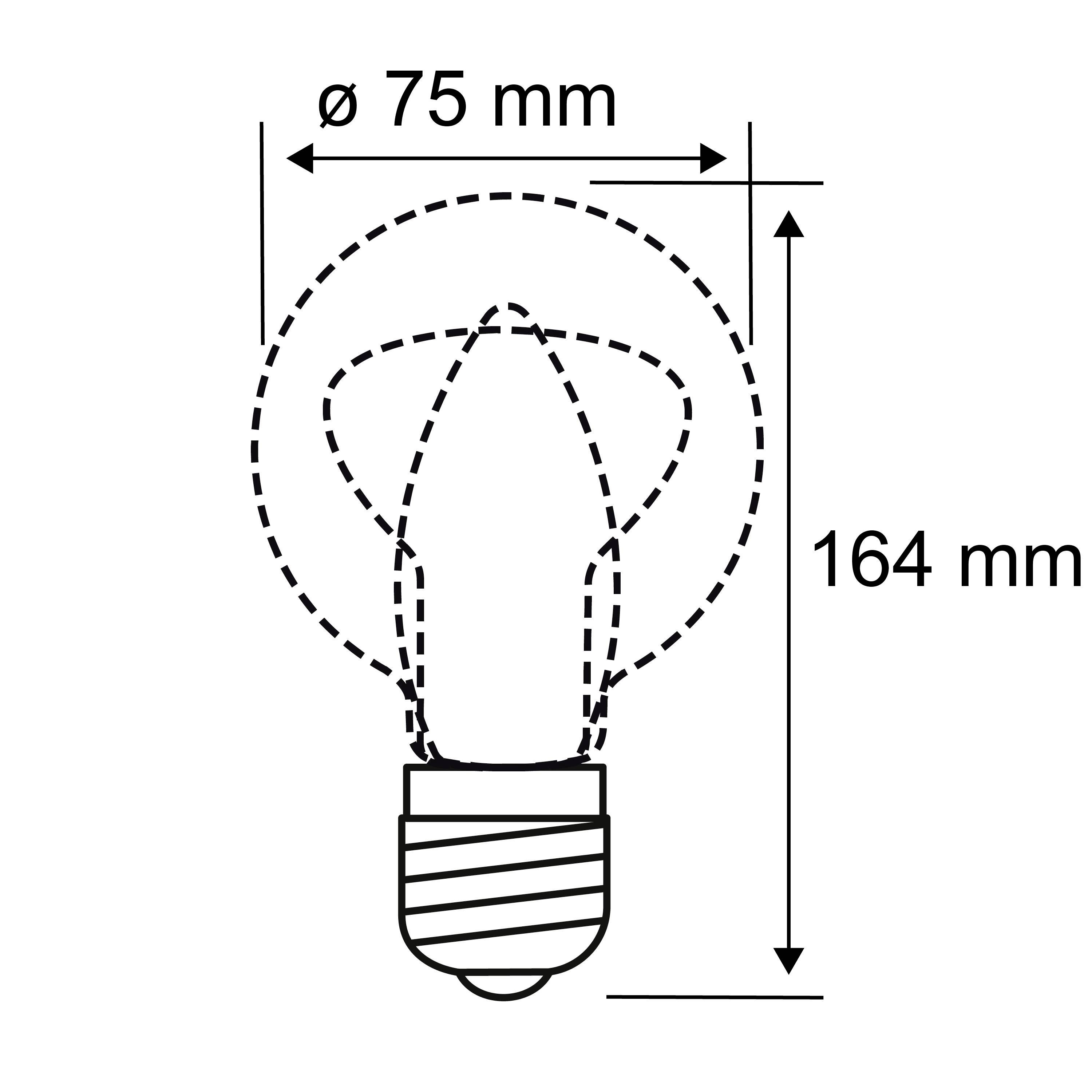 Esquisse d'une ampoule avec dimensions : diamètre 75 mm, hauteur 164 mm. Les dimensions extérieures sont indiquées.