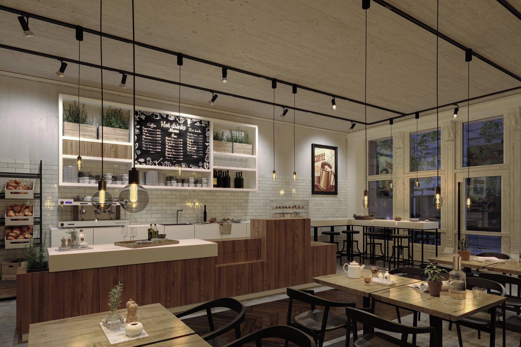 Café chaleureux avec des tables en bois, des lampes suspendues et un comptoir. Au fond, un tableau avec le menu et des étagères garnies de plantes.