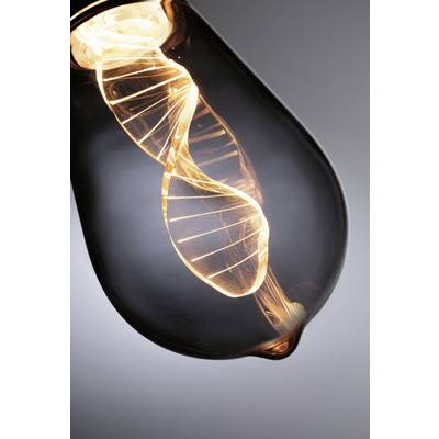Une ampoule avec un filament incandescent en spirale à l'intérieur, ressemblant à une double hélice d'ADN, symbolise l'innovation.