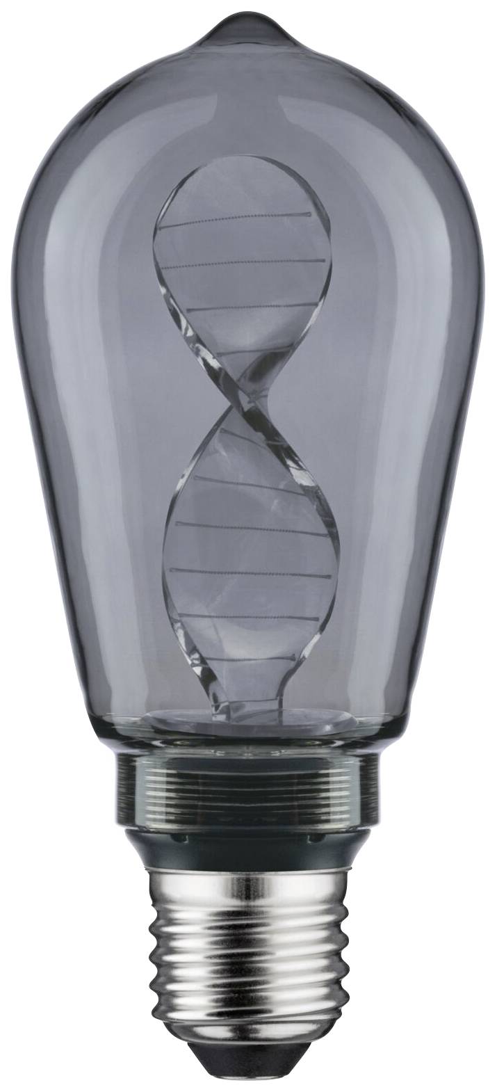 Une ampoule LED élégante avec un design de filament lumineux décoratif en spirale, logée dans un boîtier en verre transparent.
