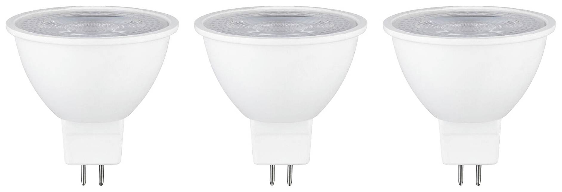 Trois ampoules LED blanches à culot GU10 alignées, vue de côté. Idéales pour un éclairage économe en énergie.