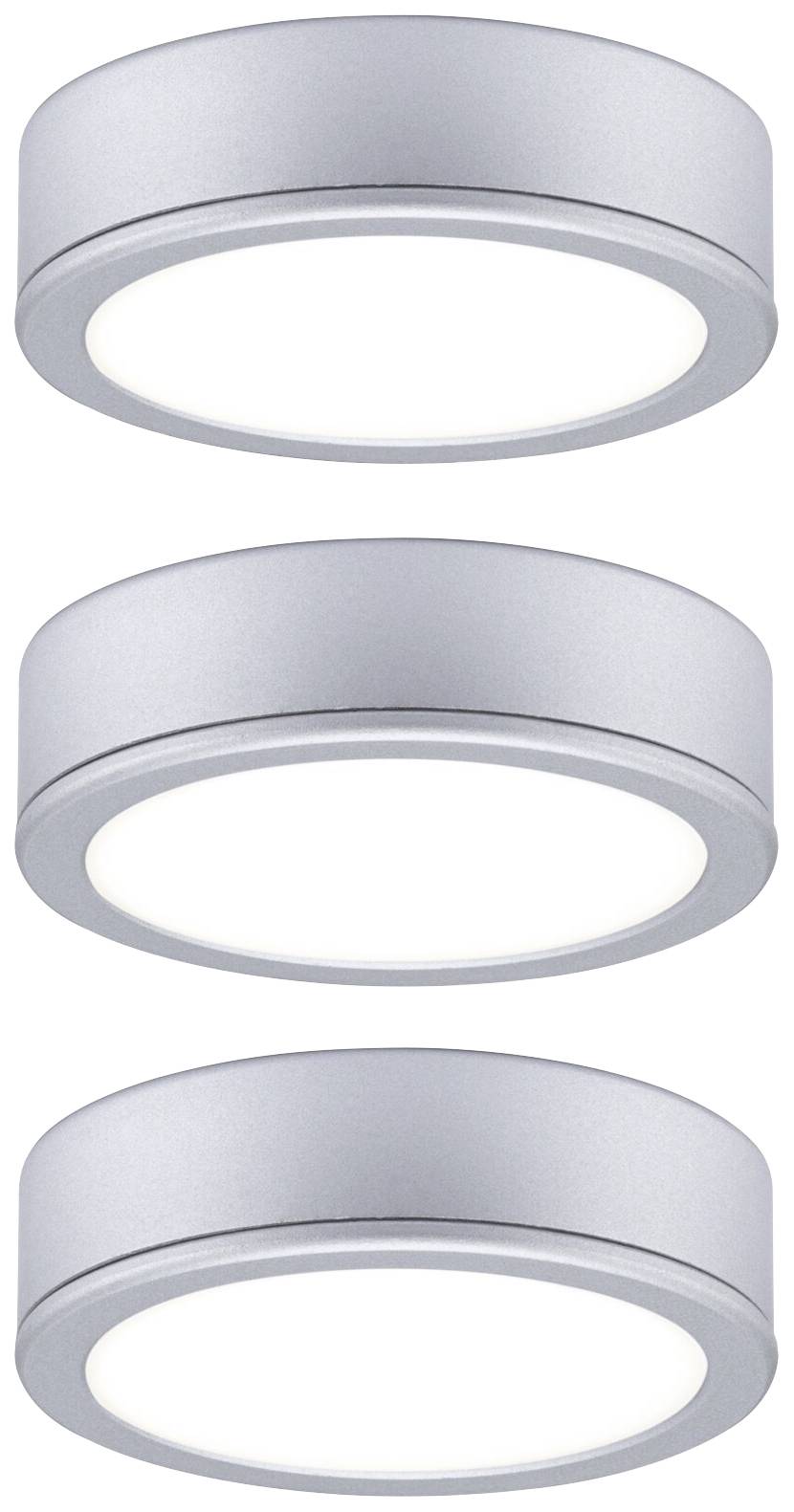 Trois luminaires LED circulaires argentés, disposés verticalement, chacun émettant une lumière blanche éclatante. Parfaits pour les intérieurs contemporains.