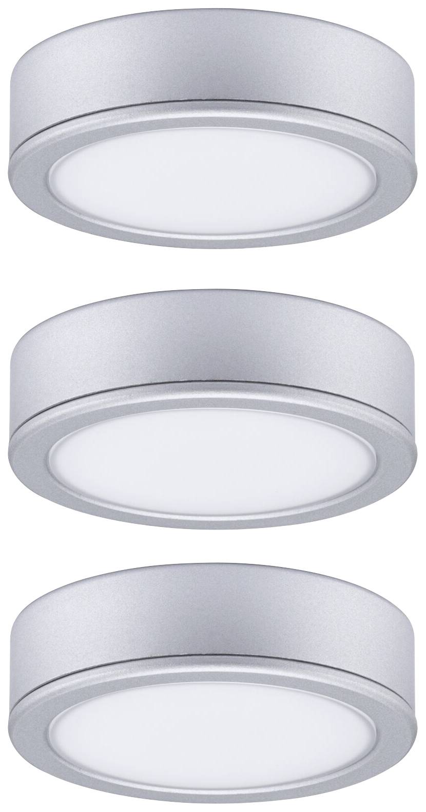 Trois luminaires LED de plafond circulaires en argent, disposés verticalement. Chaque luminaire a une surface mate et est allumé.