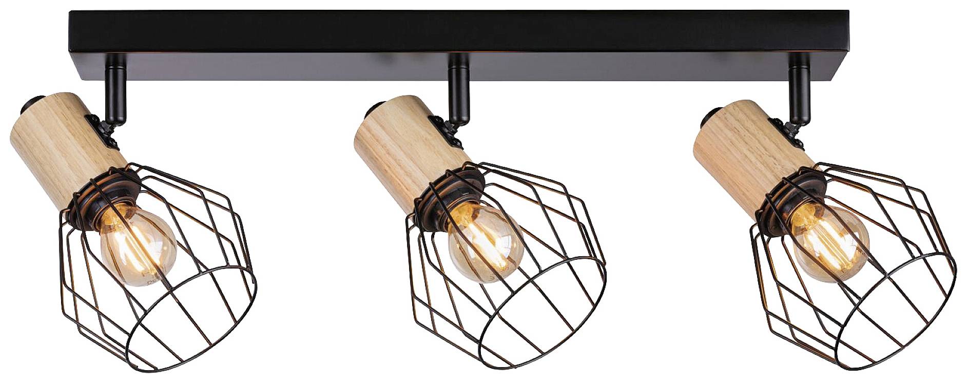 Trois luminaires de plafond avec des grilles métalliques noires et des détails en bois, alignés sur une barre noire, diffusant une lumière chaleureuse.