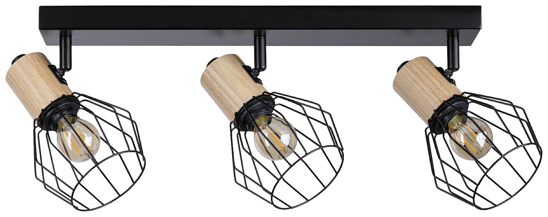Plafonnier triple avec éléments en bois rustiques et abat-jours en métal noir, adapté aux espaces intérieurs modernes et industriels.