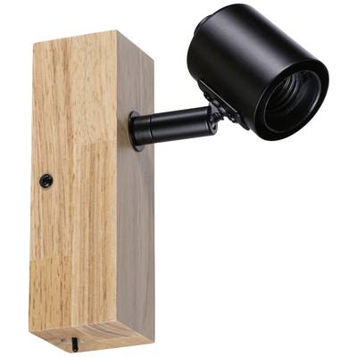 Un applique murale en bois avec un projecteur noir orientable. Design minimaliste pour des intérieurs modernes.