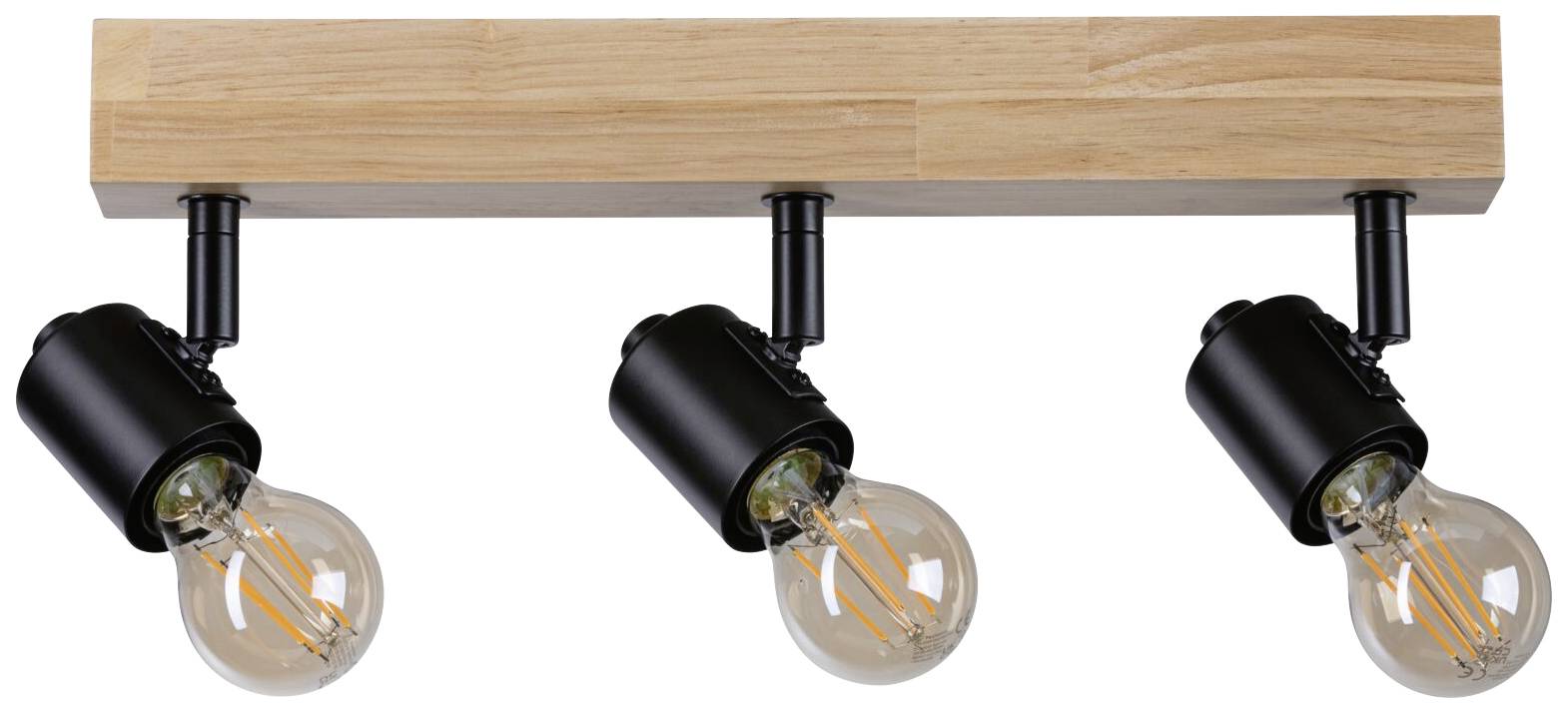 Trois spots de plafond noirs et ajustables avec ampoules apparentes, montés sur une traverse en bois, parfaits pour les intérieurs modernes.