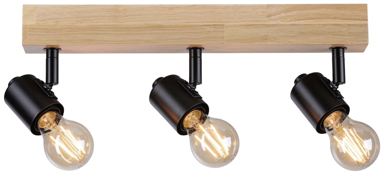 Plafonnier avec trois supports ajustables de couleur noire et ampoules apparentes, monté sur une plaque en bois rectangulaire.