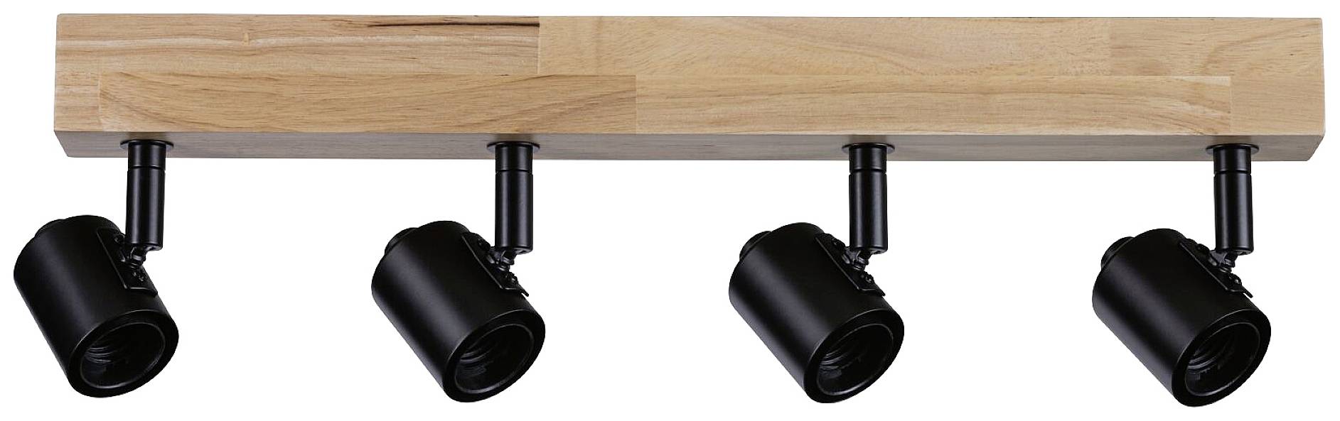 Rampe à spots en bois avec quatre projecteurs réglables noirs pour l'éclairage ; design moderne pour accentuer les espaces intérieurs.