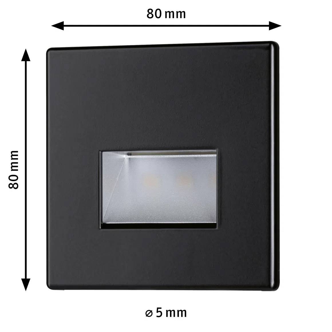 Applique murale LED carrée en noir avec éclairage intégré. Dimensions : 80 mm x 80 mm, perçage : Ø 5 mm.