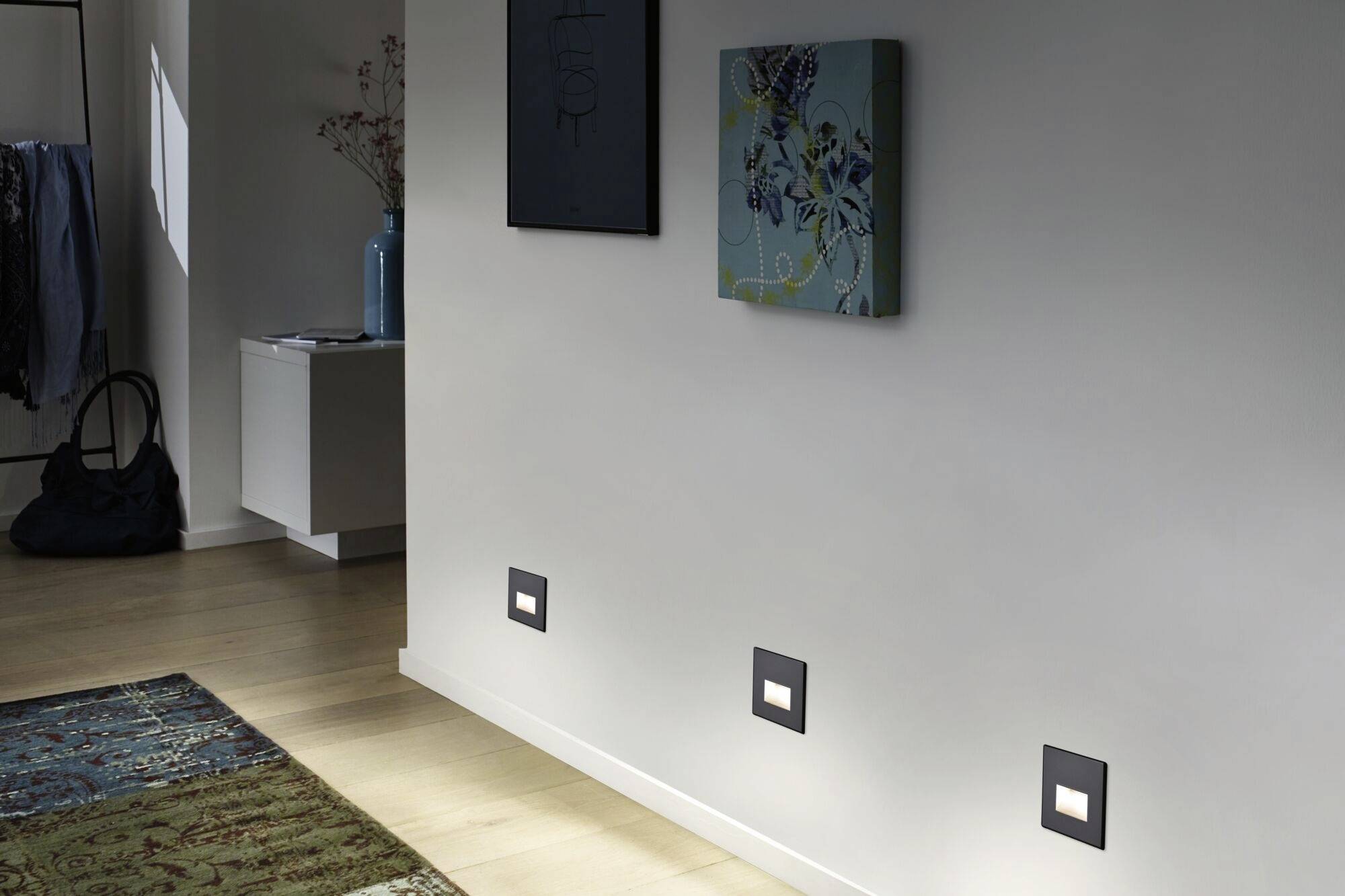 Couloir sombre avec un éclairage moderne sur le mur et deux tableaux. Tapis sur le parquet, ambiance tamisée.