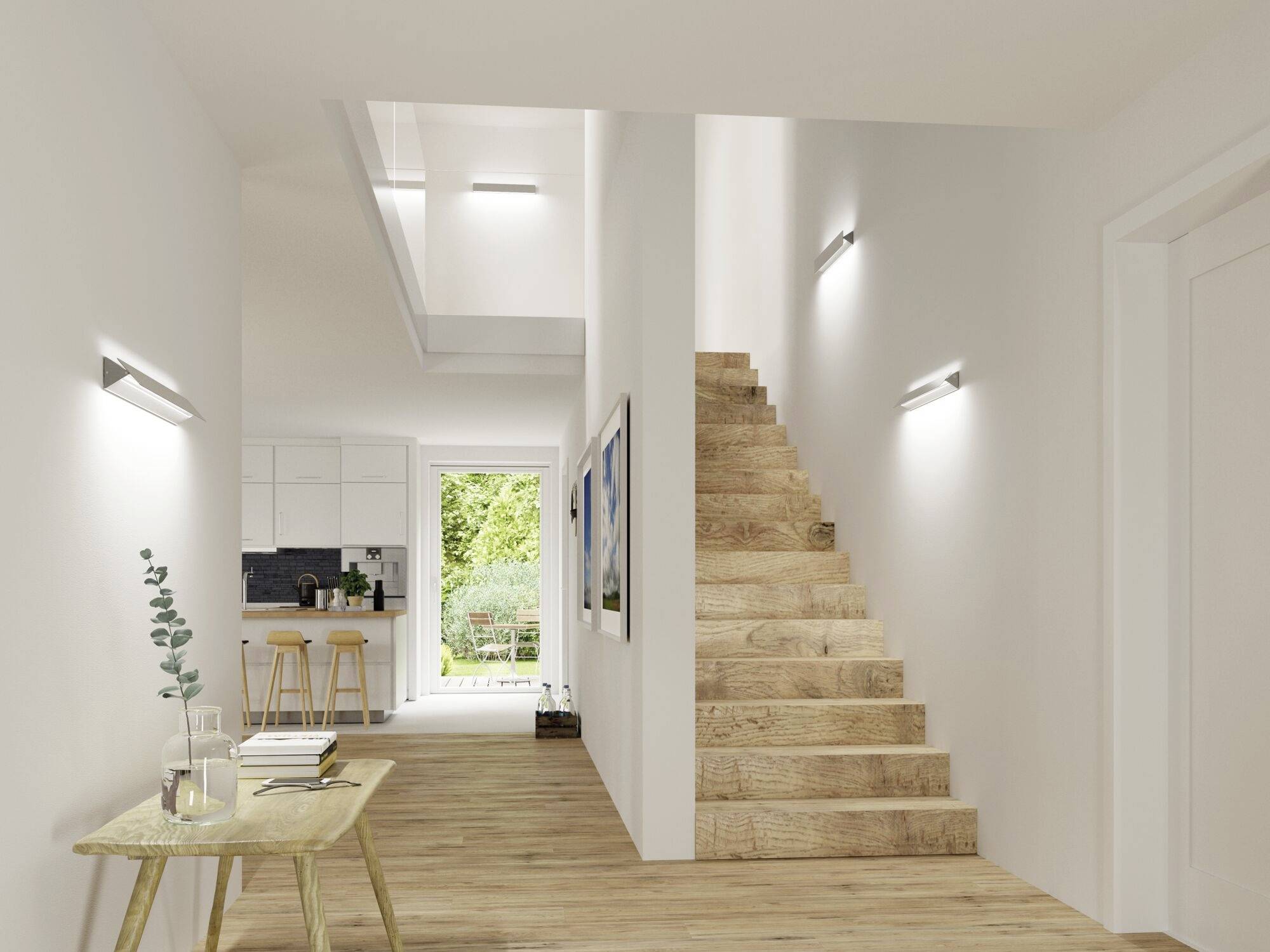 Un salon moderne avec un escalier en bois, un intérieur lumineux et une table avec un vase. À l'arrière-plan, on peut voir une cuisine ouverte.