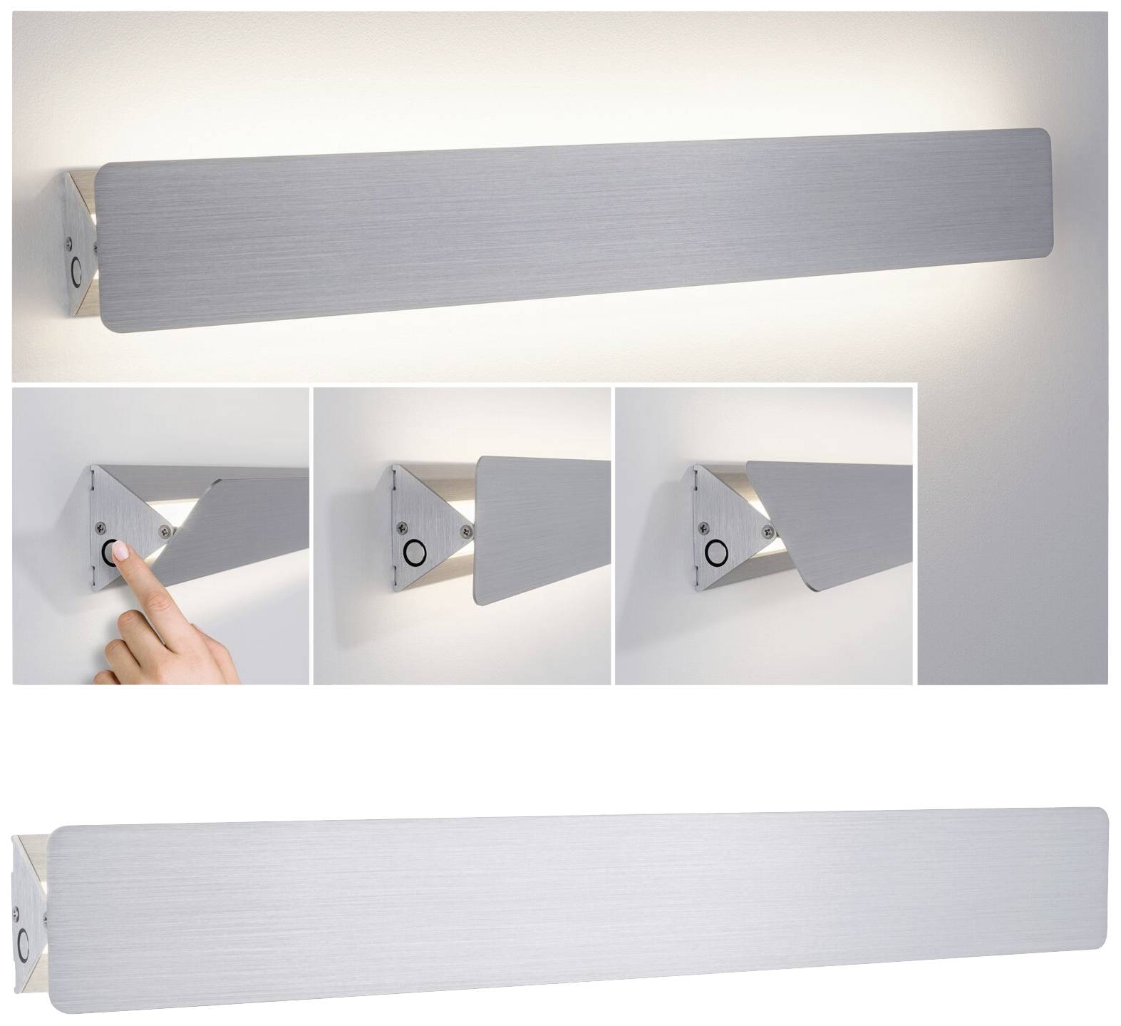 Lampe au design rectangulaire, orientable, qui éclaire un mur. De petites images illustrent la fonction d'inclinaison en appuyant sur la lampe.