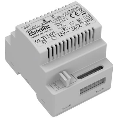 Un transformateur de tension gris pour montage sur rail DIN avec des détails techniques imprimés. Convertit une puissance d'entrée de 230V AC en courant de sortie de 12V et 24V DC.