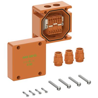 Ensemble de boîtes de jonction électriques orange avec couvercle, presse-étoupes et vis, adapté aux besoins spécifiques d'applications.