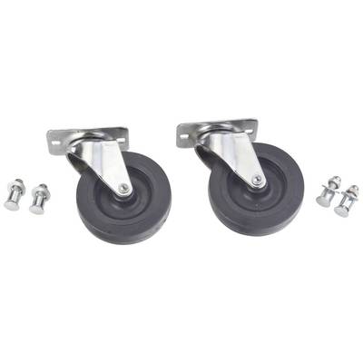 Deux roulettes pivotantes noires avec supports métalliques et vis de fixation, disposées côte à côte.