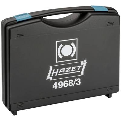 Coffre à outils HAZET noir avec poignée bleue. Numéro de modèle '4968/3'. Adapté au stockage et au transport des outils.